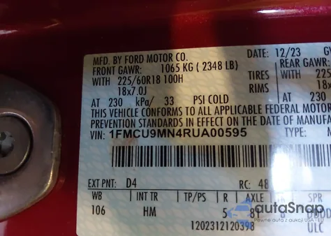 2024 Ford Escape St-Line from USA, damaged, VIN 1FMCU9MN4RUA00595